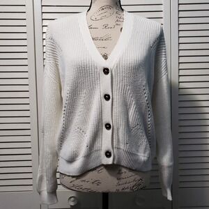 Alya Cropped Knit Cardigan Women's Size Large Ribbed Cuffs And Hem Ivory Sweater